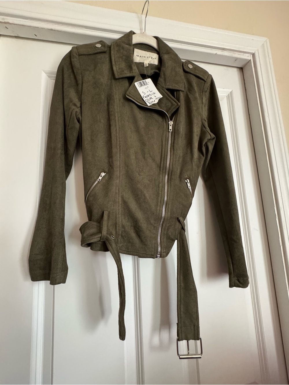 New Main Strip Size Small Solid Olive Green Faux Suede Moto Jacket With Belt